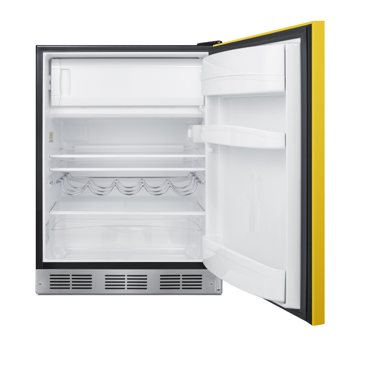 24 in. wide refrigerator-freezer for residential use with a saffron gold door, stainless steel handle, and black cabinet